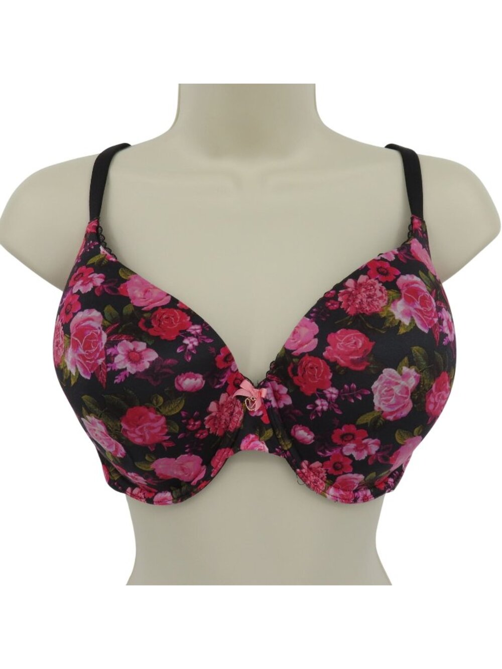 Victorias Secret 38D Lined Perfect Coverage Pink Black Rose Flower Bra Underwire